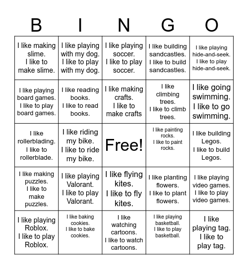 I like to/ing Bingo Card