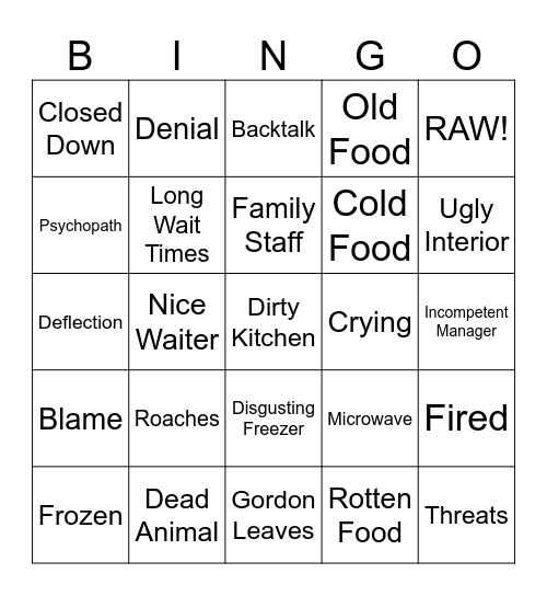 Kitchen Nightmares Bingo Card