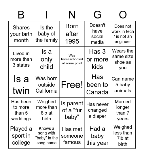 baby bingo Card