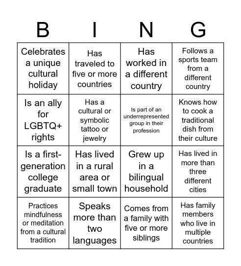 Diversity Bingo Card