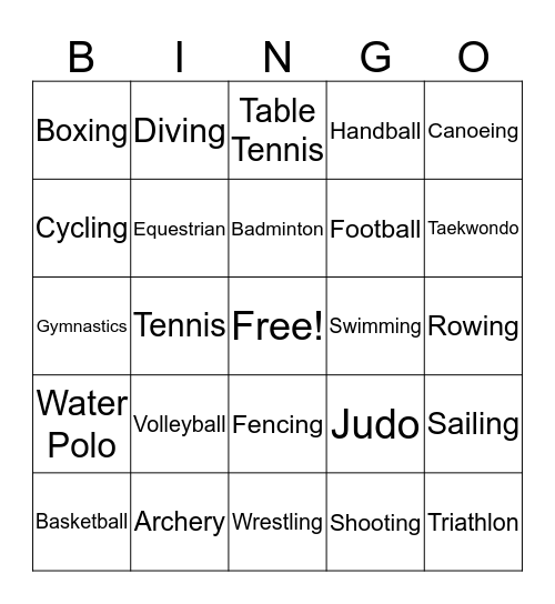 Summer Olympics Bingo Card