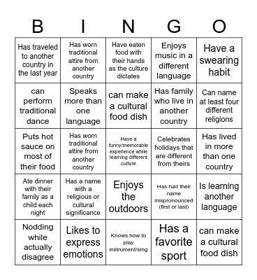 Cultural Diversity Bingo Card