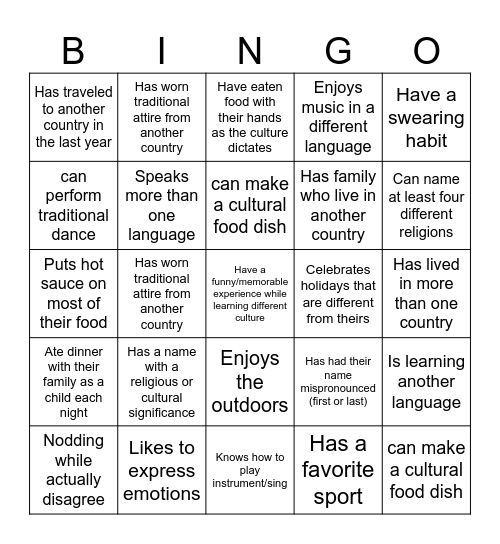 Cultural Diversity Bingo Card