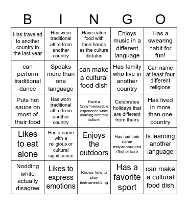 Cultural Diversity Bingo Card