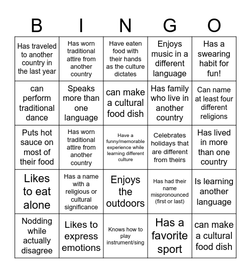 Cultural Diversity Bingo Card