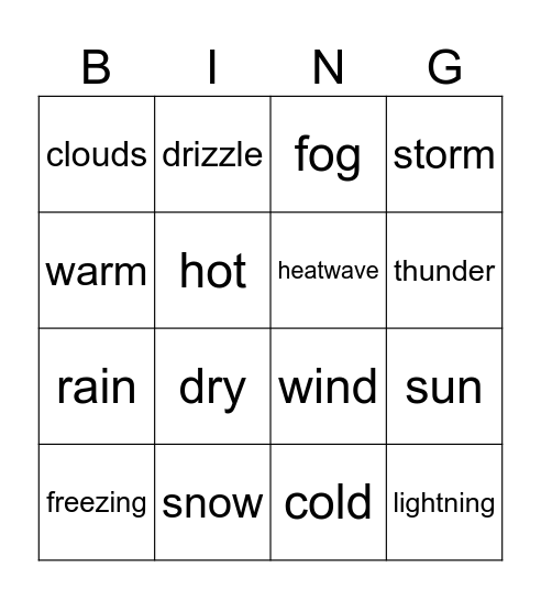Weather bingo Card