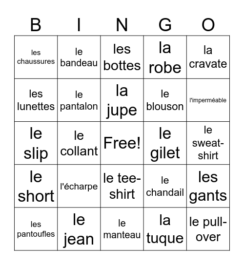 Les vetements Bingo Card