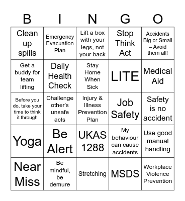 Health and Safety Bingo Card