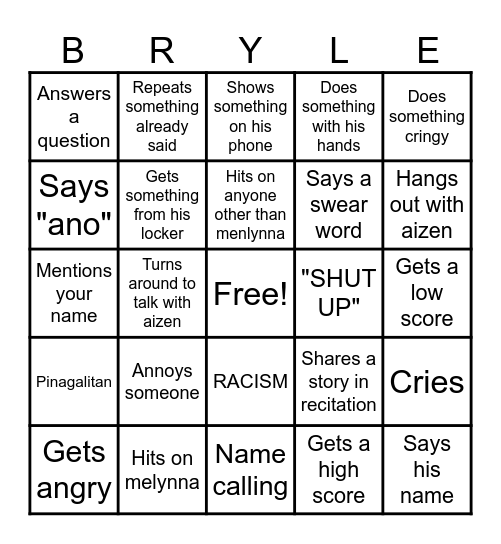 Brylle-O Bingo Card