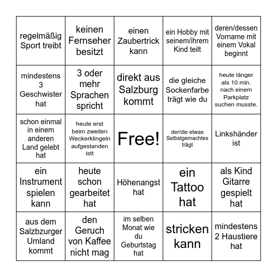 Kennenlern-Bingo: Finde jemanden, der/die ... Bingo Card