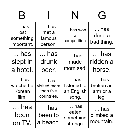 Have you ever.........? Bingo Card