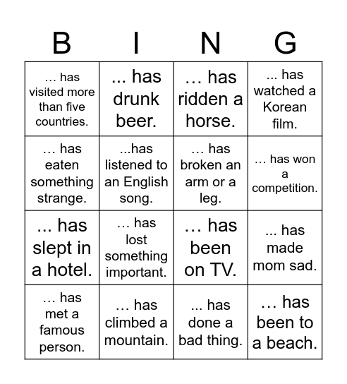Have you ever.........? Bingo Card