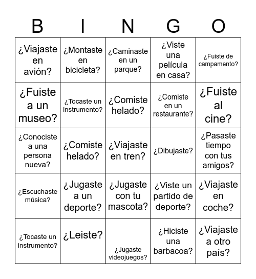 ¿Qué hiciste este verano? Bingo Card