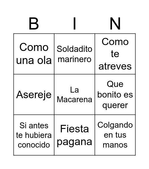 Bingo Músical Bingo Card