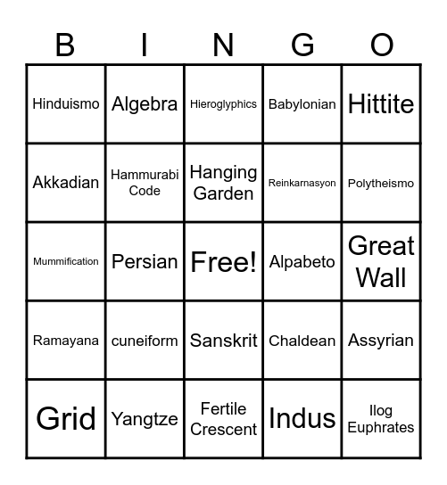 Mga Pamana ng Sinaunang Kabihasnan Bingo Card