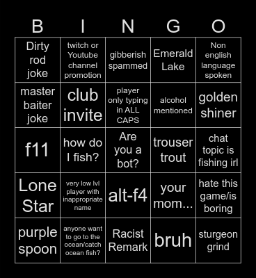 Fishing Planet Global Chat Bingo Card