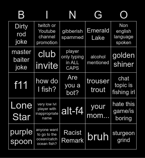 Fishing Planet Global Chat Bingo Card