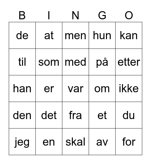 Vanlige norske ord Bingo Card