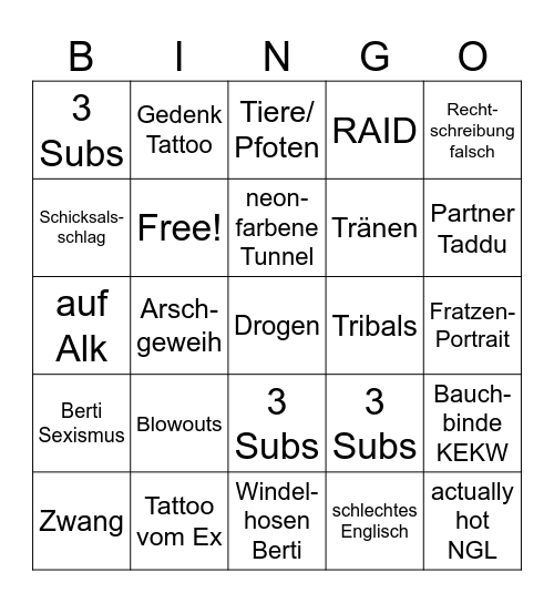 Tattoo Bingo Card