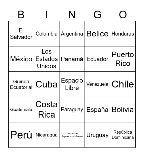 Los países hispanohablantes Bingo Card