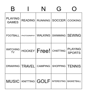 Activities Bingo Card