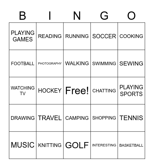 Activities Bingo Card