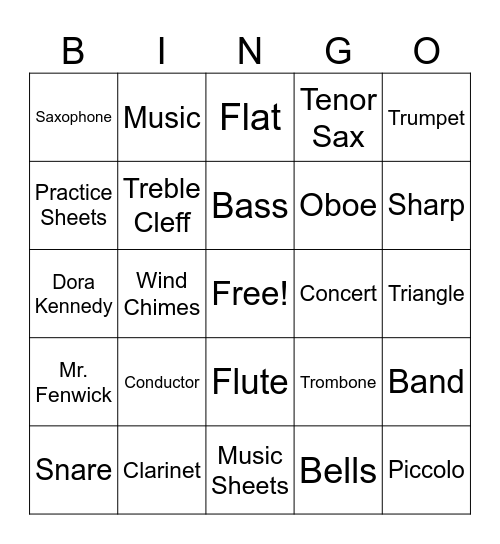 Elementary Band Bingo Card