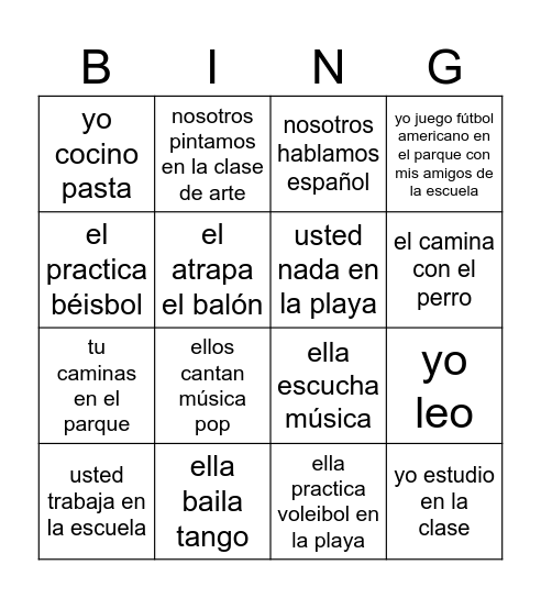 verbos Bingo Card