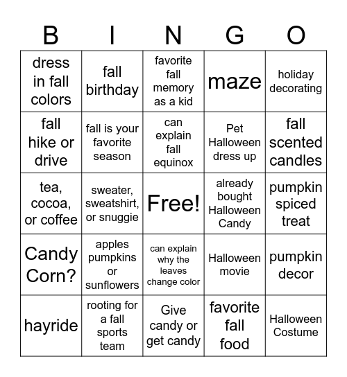 Autumn Virtual Bingo Card