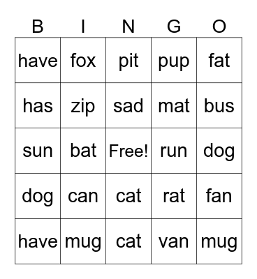 fun words Bingo Card