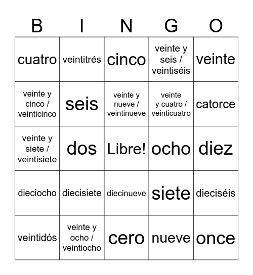 Spanish Numbers 0-30 Bingo Card