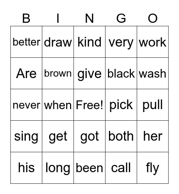 Vocabulary Bingo Card