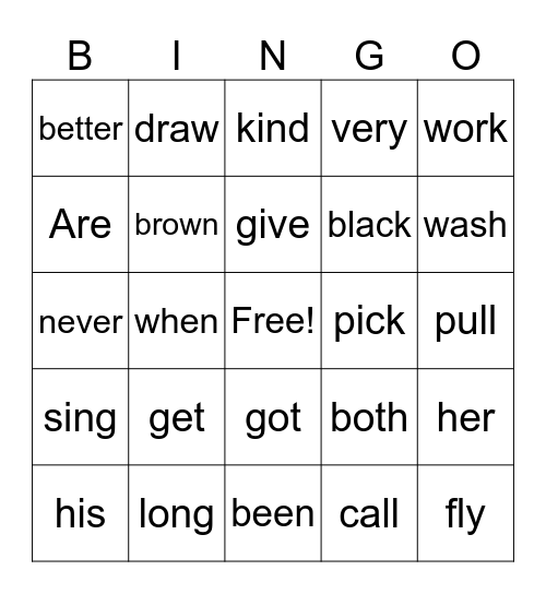 Vocabulary Bingo Card