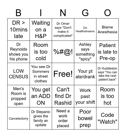 Surgery Bingo Card