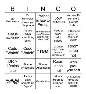 Surgery Bingo Card