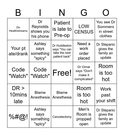 Surgery Bingo Card