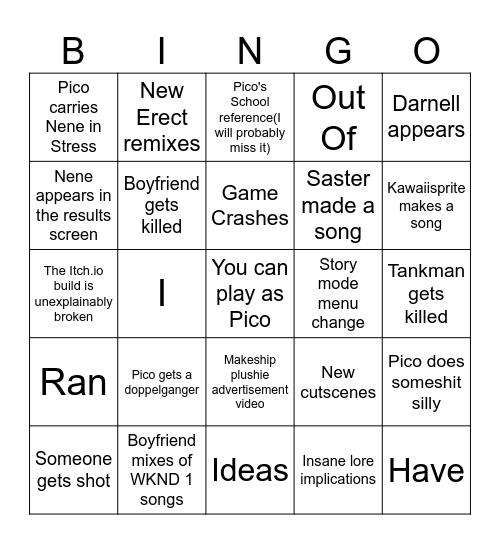 FNF' Update Bingo Card