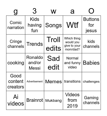 Youtube shorts Bingo Card