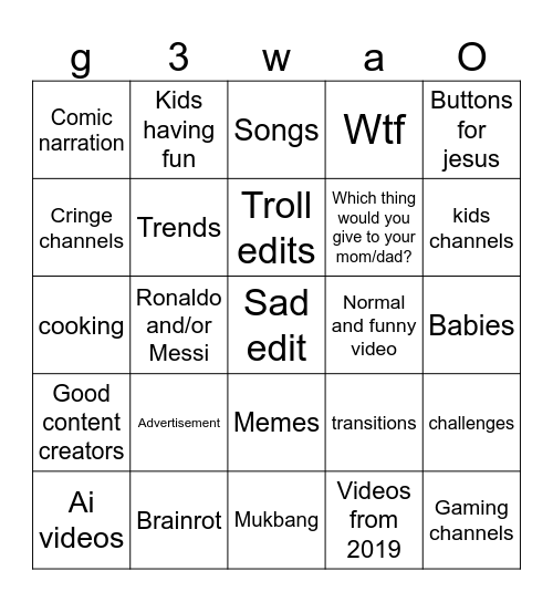 Youtube shorts Bingo Card