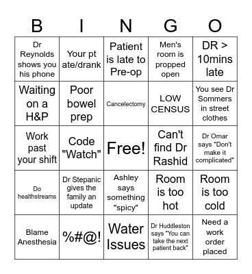 Surgery Bingo Card