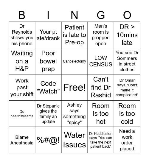 Surgery Bingo Card