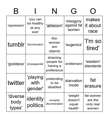 Fat Activist Bingo Card