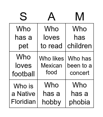 Find A SAM Bingo Card