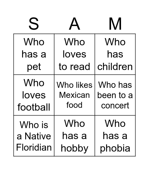 Find A SAM Bingo Card
