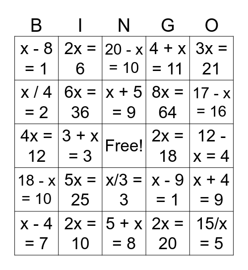 One-Step Equations Bingo Card