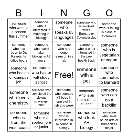 Intro Bio Bingo Card