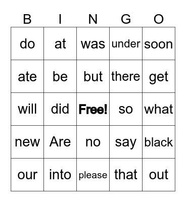 Vocabulary Bingo #1 Bingo Card