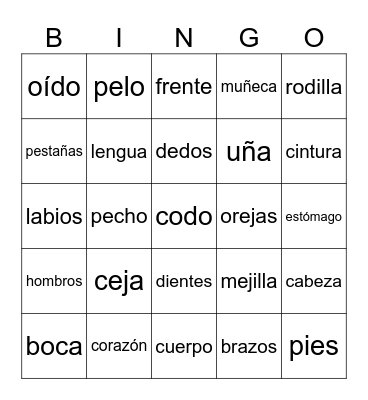 Spanish Parts of the Body Bingo Card