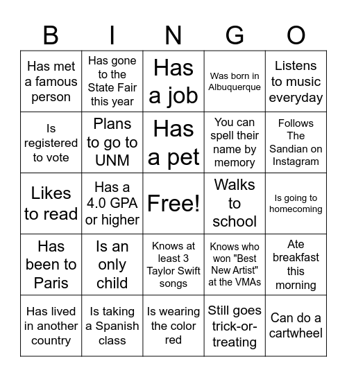 Get to Know You Bingo Card