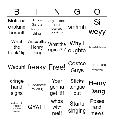 Afeen actions BINGO! Bingo Card